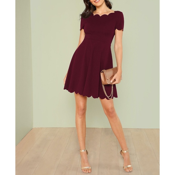 Burgundy Red Scallop Trim Fit & Flare Dress - Picture 3 of 6